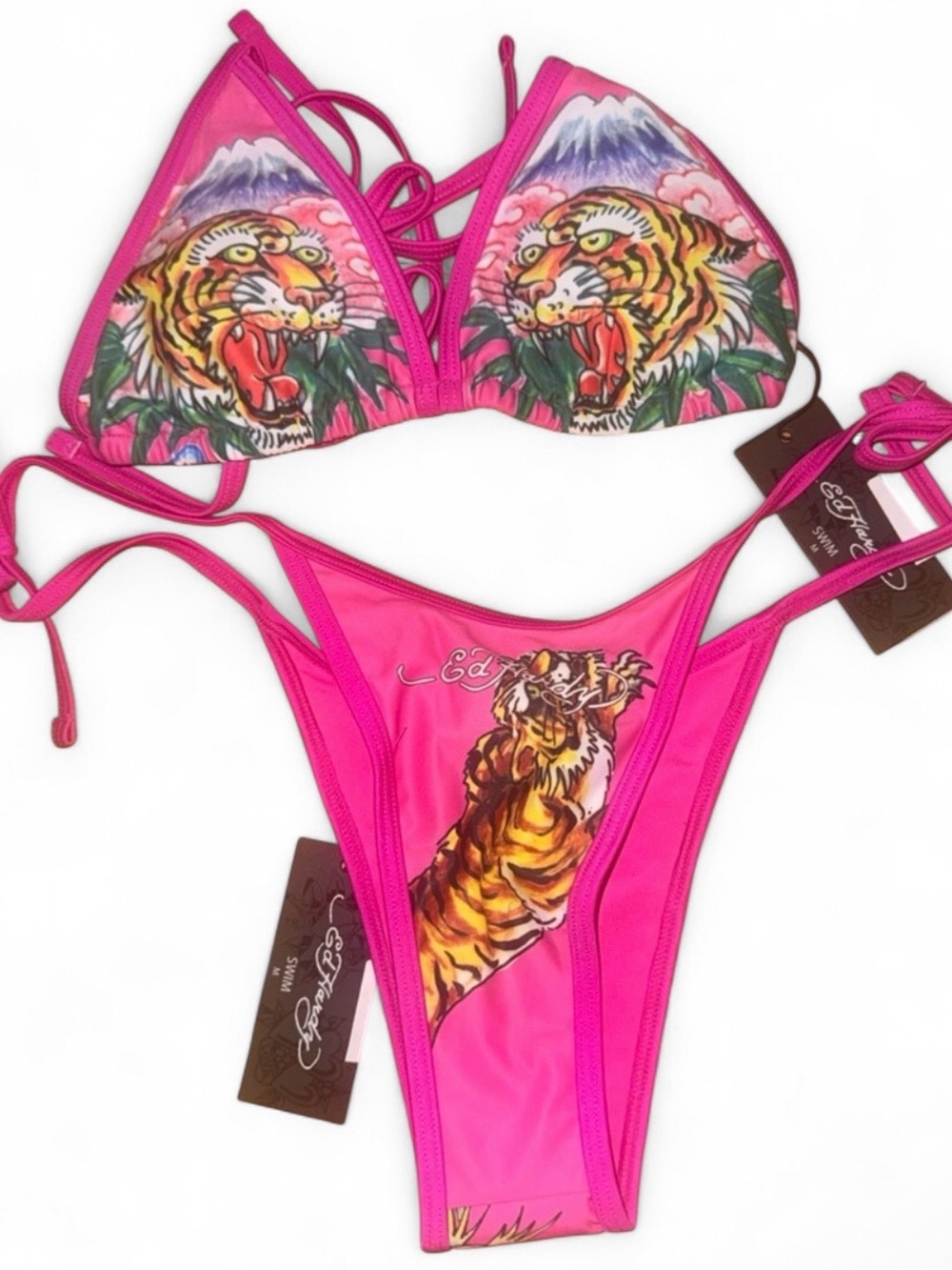Ed Hardy Tiger & Roses 2 Piece Bikini - Hot Pink set  NWT -M